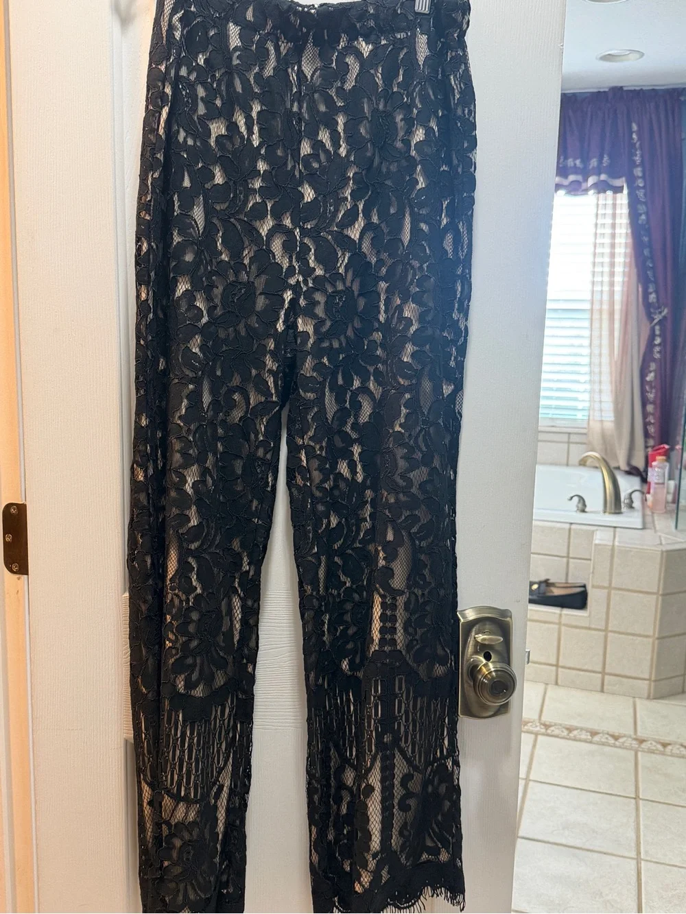 Ina Black Lace Straight-Leg Overlay Pants with Nude Underlayer